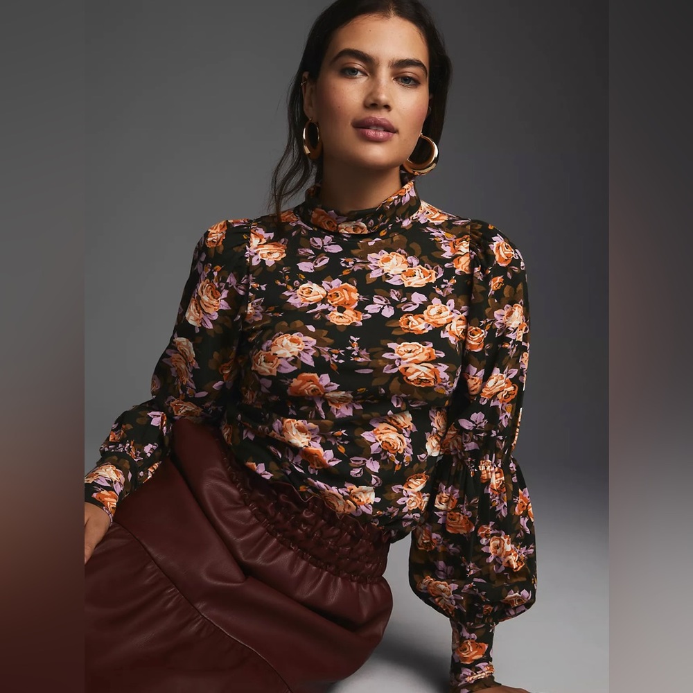 BY ANTHROPOLOGIE Brown Floral Motif Tiered-Sleeve Turtleneck Blouse XS